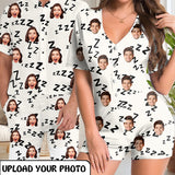 Couple Matching Short Sleeve Onesies Pajamas Custom Face White Women's V-Neck Button Jumpsuit Men's Rompers