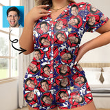 Women's Short Sleeve Onesies Pajamas Custom Face Red Lips V-Neck Button Jumpsuit