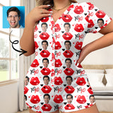 Women's Short Sleeve Onesies Pajamas Custom Face Lips Hearts V-Neck Button Jumpsuit