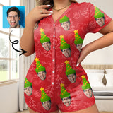 Women's Short Sleeve Onesies Pajamas Custom Face Christmas Tree V-Neck Button Jumpsuit