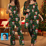 Custom Face Christmas Tree Satin Women's Three-Piece Pocket Cami Pajama Robe Set