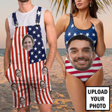 Custom Face American Flag Overalls Bib Denim Shorts Jean Romper Casual Workout Adjustable Strap Jumpsuit