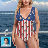 Custom Face American Flag Style Women's Deep V Neck Cross Back Tie One Piece Swimsuit Custom Picture Bathing Suit