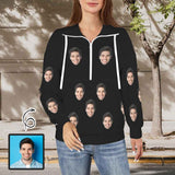 Custom Face Black Women's Lapel Half Zip Pullover Drawstring Sweatshirts Fashion Outfits