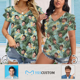 Custom Face Green Leaves Womens Summer Tops Ruffle&Puff Short Sleeve V Neck T-Shirts Tunic Loose Casual Tops