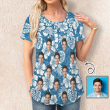 Custom Face Leaves Women's T-Shirts Tunic Button Tops Casual Blouses Summer Short Sleeve Pleated Shirts