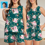 Personalized Women's Tank&Shorts Pajama Sets Custom Face Green Flowers Sleeveless Crew Neck&V-Neck Pocket Pj Set Short Sleepwear