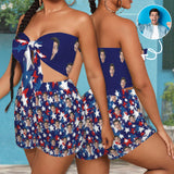 Custom Face Star Pattern Personalized Women's Tie Front Tube Top & Shorts Set - Blue