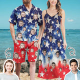 Couple Hawaiian Dress Set Custom Face American Flag Men's Hawaiian Shirt Set Women's V-Neck Cami Maxi Dress For Summer Beach Holiday