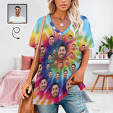 #Plus Size T-shirt-Custom Face Tie Dye Plus Size V Neck T-shirt for Her Print Your Own Face on Shirt