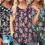 Custom Face Flowers Women's T-Shirts Tunic Button Tops Casual Blouses Summer Short Sleeve Pleated Shirts