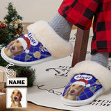 Custom Pet Face&Name Christmas Cotton Slippers with Fur Edges Warm Flannel Home Slippers