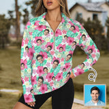 Personalized Women's Long Sleeve T-Shirt Custom Face Flowers Lapel Half Zip Top Casual Loose Fit Blouses