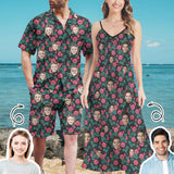 Couple Hawaiian Dress Set Custom Face Flowers Men's Hawaiian Shirt Set Women's V-Neck Cami Maxi Dress For Summer Beach Holiday