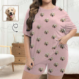 Plus Size Two-Piece Comfy Pajama Set For Women Custom Face Pink Short Sleeve Crew Neck Casual Loungewear