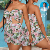 Custom Face Plant & Flower Patterns Personalized Women's Tie Front Tube Top & Shorts Set