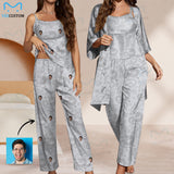 Custom Gray Satin Women's Three-Piece Pocket Cami Pajama Robe Set for Weddings Parties Outings and Home(For non-customized models, please feel free to upload pictures)