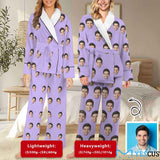 Custom Face Photo Purple 2 Piece Loungewear Set Personalized Women's Long Sleeve Tie Waist Pocket Flannel Pajama Set