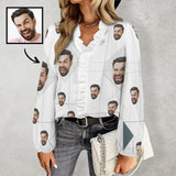 Custom Long Sleeve Ruffled Trim Women Shirt Personalized Face White V Neck Shirt Blouse