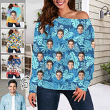 Custom Your Face Women's Off Shoulder Tops Shirts Long Sleeve Boat Neck Blouses