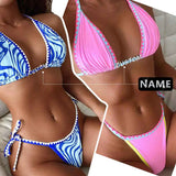 Sexy DIY Crystal Letters Pink Bikini Custom Name Shell Edge Triangle Bikini Sets Beach Body Jewelry(Custom 1-10 Letters)