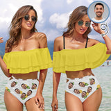 Custom Face Pineapple Yellow Women's Two-Piece Off Shoulder or Sling 2 Ways to Wear Ruffle High Waisted Bikini Set