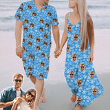 Couple Hawaiian Dress Set Cruise Outfit Custom Face Blue Ocean Hawaiian Shirt Set&Dress