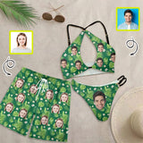 Couple Matching Swimwear Custom Face Green Leaves Full Print Open Chest Bikini Women's Adjustable Halter Neck Straps Bikini Set & Men's Swim Shorts