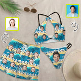 Couple Matching Swimwear Custom Face Tropical Print Open Chest Bikini Women's Adjustable Halter Neck Straps Bikini Set & Men's Swim Shorts