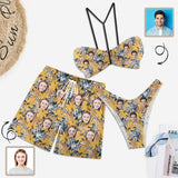 Couple Matching Swimwear Custom Face Yellow Maple Leaves Women's Adjustable Halter Neck Straps Bikini Set & Men's Swim Shorts