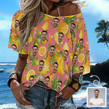 Custom Boyfriend Face Pineapple Slouchy Shirt Off Shoulder Personalized Slouchy Scoop Neck Tee Women's Mid Sleeve Straight Neck T-shirt