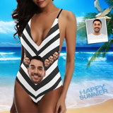 Custom Boyfriend Face Swimsuit Zebra Crossing Personalized Women's One-Piece Bathing Suit Bachelorette Party