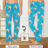 [More Comfortable]Custom Couple Face Dog Bone Paw Print Blue Background Sleepwear Personalized Women's&Men's Slumber Party Long Pajama Pants