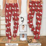 [More Comfortable]Custom Couple Face White Hearts Red Background Sleepwear Personalized Women's&Men's Slumber Party Long Pajama Pants