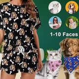 Custom Dog Face Dog Bone Pajama Set Women's Short Sleeve Loungewear Athletic Tracksuits and Pet Dog Bandana