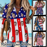 Custom Face American Flag Style Women's Hawaiian Shirts Casual Long Sleeve Women's Cropped Hem Shirt