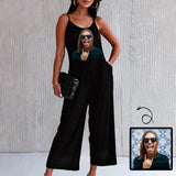 Custom Face Black Funny Women's Summer Casual Spaghetti Strap V Neck Oversized Wide Leg Jumpsuit Pockets Beach Travel Outfits