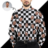 Custom Face Black White Grid Men's Long Sleeve Dress Shirt