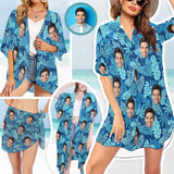 Custom Face Blue Leaf Women's Kimono Chiffon Cover Up Personalized Beach Wrap Cover Up Dress