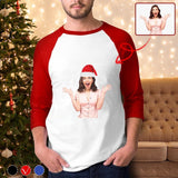 Custom Face Christmas Red Hat Three Quarter Sleeve T-Shirt Multiple Colors Men's Casual Basic Soft Sports Raglan Baseball Tee Shirts For Christmas