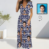 Custom Face Circles Print Beach Outfits Dress Personalized Women's V-neck Split Maxi Dresses Skirt Set