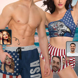 Custom Face Eagle White&Red Stripes Stars Couple Matching Swimsuit One Shoulder Tie Bikini Men's Swim Shorts