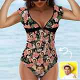 Custom Face Floral Pattern V-Neck Ruffle 2-Piece Tankini Swimsuit