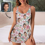 Custom Face Floral Pattern Women's One Piece Skirted Swimsuit