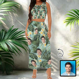 Custom Face Green Leaves Beach Outfits Dress Personalized Women's Crop Tank Top & High Waist Skirt Sets