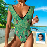 Custom Face Green Leaves V Neck Ruffle One Piece Swimsuit Sexy Belt Custom Picture Bathing Suit Tie Back