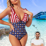 #July 4-4th of July Custom Face USA Flag Swimwear Personalized Women's V-Neck Ruffle Bathing Suit One Piece Swimsuit