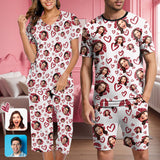 Custom Face Love Red Lips Couple Matching Loungewear Set Short Sleeve Shirt and Capri Pants Sleepwear Pajama Set For Valentine's Day