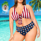 #Plus Size Bikini July 4-4th of July Boat Trip Beach Cruise Outfit Custom Face Bikini National Flag Personalized Women's Chest Strap Bikini Plus Size Swimsuit Celebrate Party