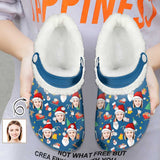 Custom Face Christmas Hat Blue Fuzzy Lined Clog Adult Hole Shoes Keep Your Feet Warm